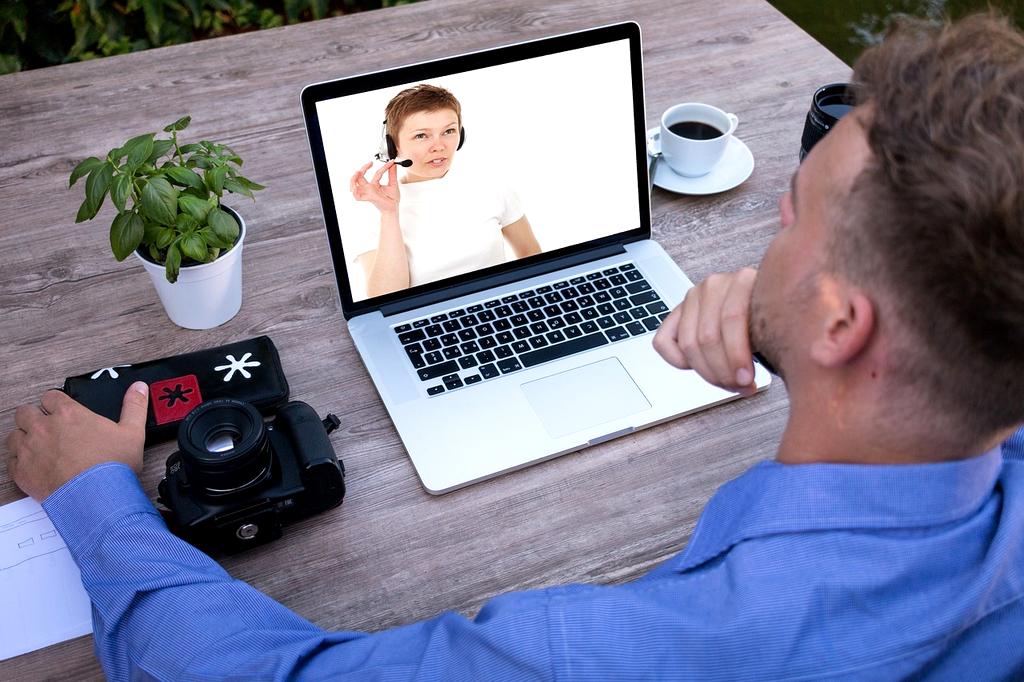 Customer support representative with headset