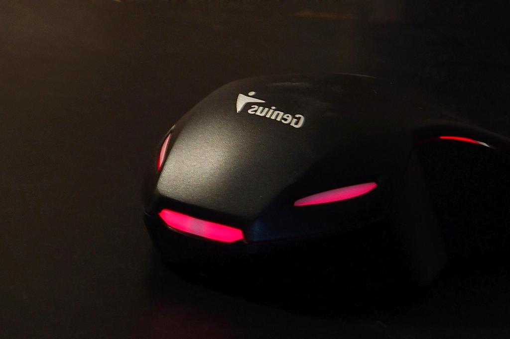 Gaming mouse angled view with customizable buttons